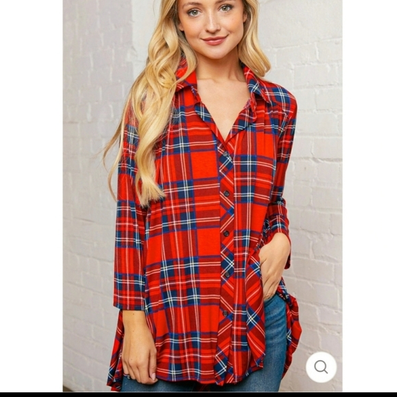 Red & Navy Faux Button Down Blouse - Picture 7 of 10